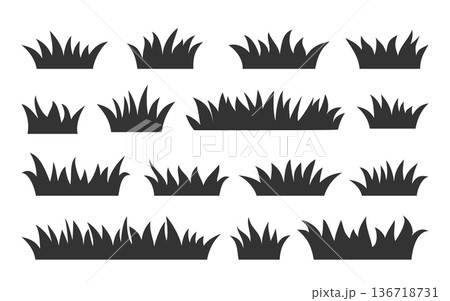 Grass Organic Growth Black Silhouettes Icon Set. Hand Drawn Meadow Lawn Elements for Landscape Design, Nature Eco Background. Greenery Grass Shapes Borders. DIY Stamping Stencils. Vector Illustration 136718731