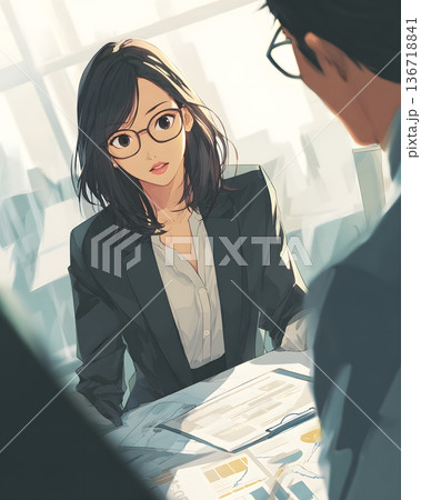オフィスで真剣に話を聞くメガネをかけたビジネスウーマンのイラスト 相談・面談・カウンセリング 136718841