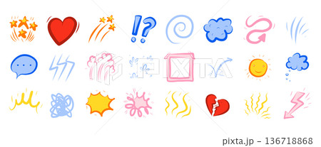 Color comic effect manga elements set on white background. Bright doodle icons with lightning, arrows, bubbles, Color comic effect manga elements set on white background. Bright doodle icons with lightning, arrows, bubbles, 136718868