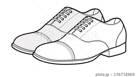 Oxford mens formal shoes sketch pair. Classic closed lace up leather footwear technical illustration. Vector flat CAD 136718869