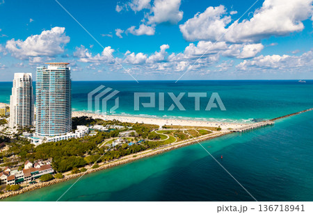 Aerial view of Miami Beach skyline. Drone shot of Miami cityscape. Aerial view of Miami Beach skyline. Drone shot of Miami cityscape. 136718941