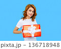 Holidays and celebration. Women with gift concept. Portrait of woman hold gift box. Girl celebrating birthday and receive presents. Girl celebrate 8-march, 14-february day, womans day, mothers day. 136718948