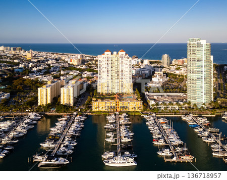Aerial view of Miami Beach marina with yachts. Aerial view of Miami Beach marina with yachts. 136718957