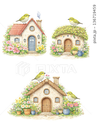 家 セット かわいい 水彩 ナチュラル 建物 イラスト 切り抜き素材 136719459
