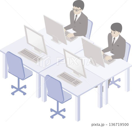 アイソメトリックで描いたオフィスの仕事風景。パソコンで作業するビジネスパーソンのイラスト 136719500