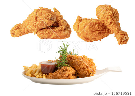 Fried chicken isolated on white background, junk food snack concept. Fried chicken isolated on white background, junk food snack concept. 136719551