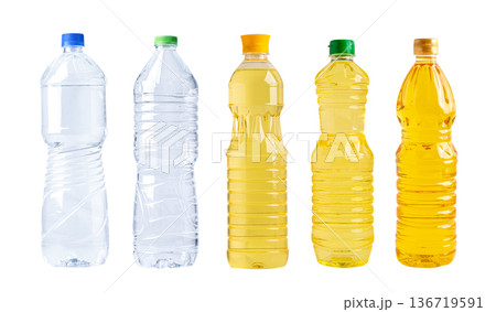 Vegetable oil and water in different bottle for cooking isolated on white background. 136719591