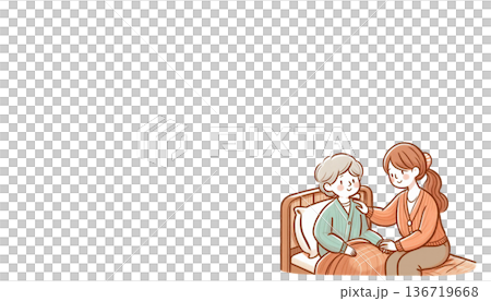 溫柔關懷的插圖，描繪了一位老人坐在床上，一位護理人員正在照顧他（透明背景）。 136719668