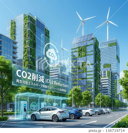 カーボンニュートラル実現イメージ・太陽光発電と風力発電 カーボンニュートラル実現イメージ・太陽光発電と風力発電 136719714