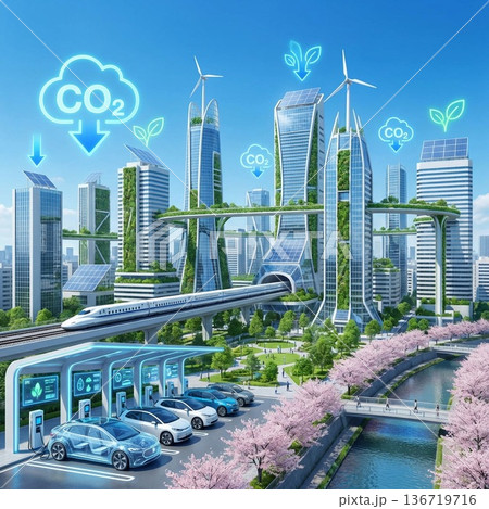 脱炭素社会のビジョン・CO2排出ゼロを目指す都市 脱炭素社会のビジョン・CO2排出ゼロを目指す都市 136719716