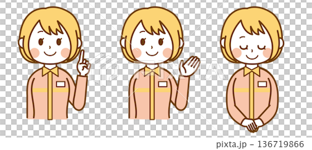 Collection of customer service poses for female convenience store clerks | Guidance, greetings, bowing Collection of customer service poses for female convenience store clerks | Guidance, greetings, bowing 136719866