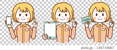 コンビニ女性店員がスマホとカードを案内｜店員スマホタブレットカード 136719867