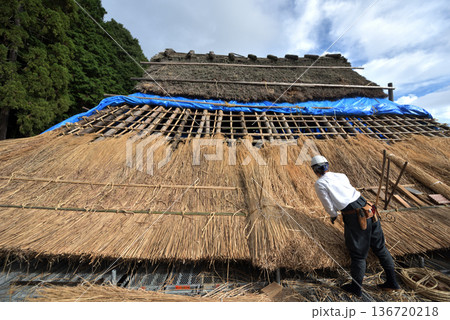 茅葺屋根の葺き替え工事 茅葺職人の作業風景 茅葺屋根の葺き替え工事 茅葺職人の作業風景 136720218