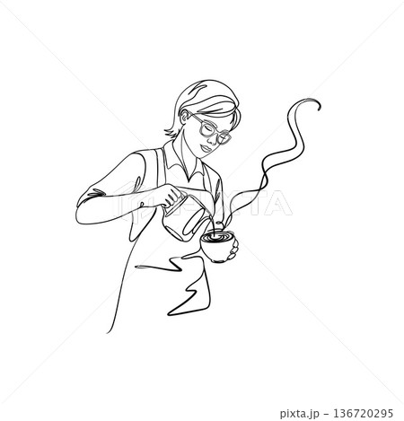 Minimalist one-line barista art with abstract shapes. Continuous line drawing of coffee making for modern cafe branding. 136720295