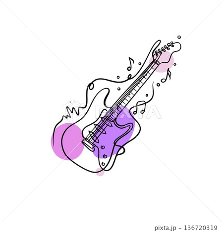 Expressive hand-drawn electric guitar line art with musical notes in modern black and white outline style for creative design Expressive hand-drawn electric guitar line art with musical notes in modern black and white outline style for creative design 136720319