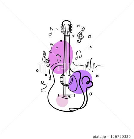 Expressive hand-drawn acoustic guitar line art with musical notes in modern black and white outline style for creative design 136720320