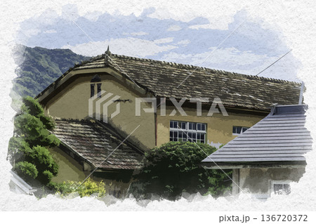 水彩画風　東城の町並み　ヤマモトロックマシン　旧工場　広島県庄原市 136720372