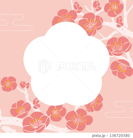 版画風枝付き梅のベクターイラストテンプレート（文字無し）｜和風ボタニカルデザイン素材 136720380