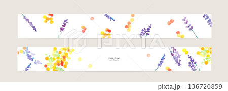 水彩画。水彩タッチの春の植物テンプレート。花と植物の装飾背景セット。 水彩画。水彩タッチの春の植物テンプレート。花と植物の装飾背景セット。 136720859