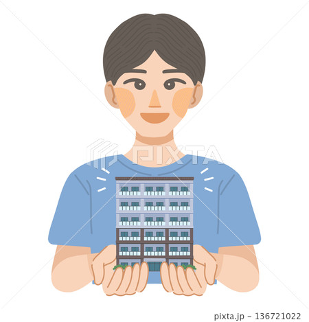 マンションに住む事を決めた、男性のイラスト マンションに住む事を決めた、男性のイラスト 136721022