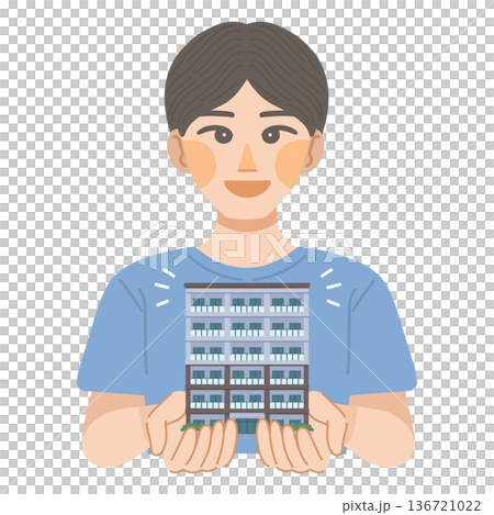 マンションに住む事を決めた、男性のイラスト マンションに住む事を決めた、男性のイラスト 136721022