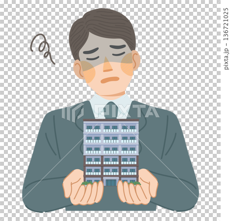 スーツ姿の男性がマンションのデメリットに落ち込んでいるイラスト 136721025