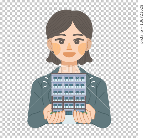 Illustration of a woman in a suit recommending an apartment 136721028