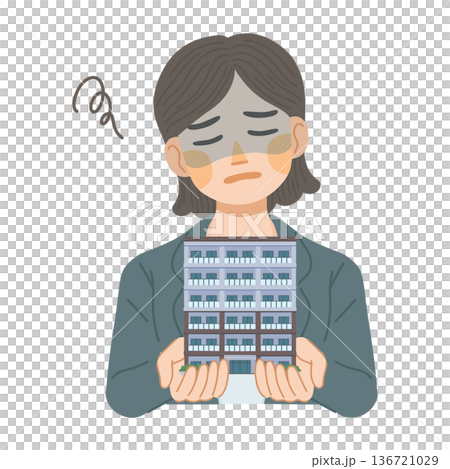 Illustration of a woman in a suit depressed by the disadvantages of an apartment 136721029