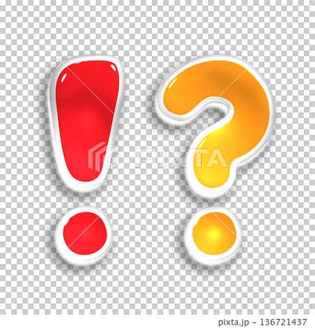 ぷっくりとした立体的なビックリマーク＆はてなマーク画像　つやつやした光沢あるインテロバング素材単品 136721437
