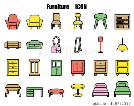 シンプルなインテリア家具のイラストアイコンセット、明るいカラー 136721519