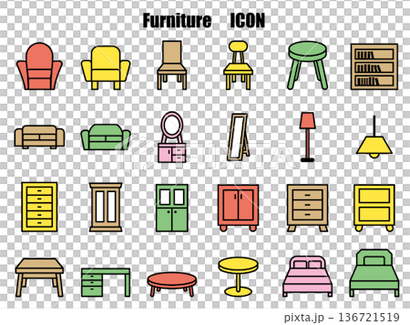 シンプルなインテリア家具のイラストアイコンセット、明るいカラー 136721519