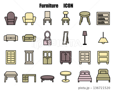 シンプルなインテリア家具のイラストアイコンセット、落ち着いた色 136721520