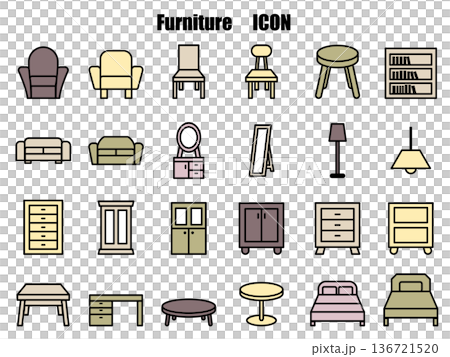 シンプルなインテリア家具のイラストアイコンセット、落ち着いた色 136721520