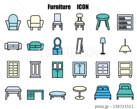 シンプルなインテリア家具のイラストアイコンセット、青系 シンプルなインテリア家具のイラストアイコンセット、青系 136721521