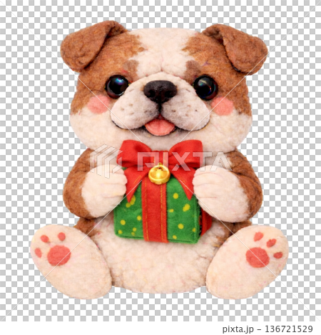 【聖誕節】插圖：一隻鬥牛犬抱著一個毛氈風格的禮物 136721529