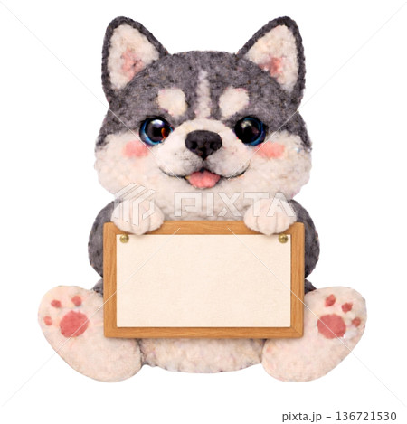 フェルト風のメッセージボードを持ったシベリアンハスキーのイラスト 136721530