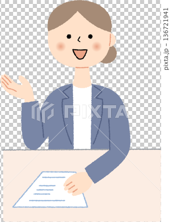 櫃檯前，一位穿著西裝的女士正在解釋。 136721941