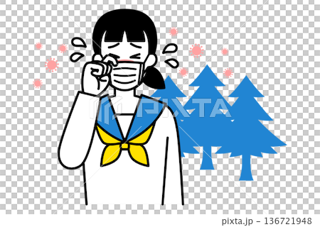 花粉症がつらいセーラー服の女子学生 136721948