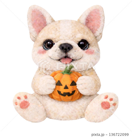 【ハロウィン】フェルト風のジャック・オー・ランタンを持ったフレンチブルドッグのイラスト 136722099