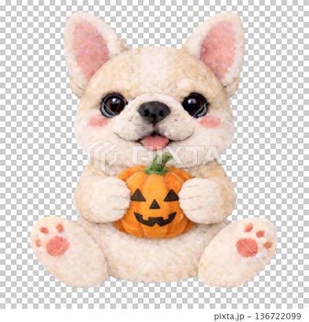 【ハロウィン】フェルト風のジャック・オー・ランタンを持ったフレンチブルドッグのイラスト 136722099