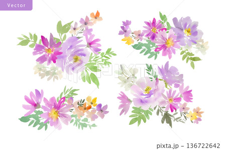 水彩で描いた抽象的な紫の草花のベクターブーケイラストセット 水彩で描いた抽象的な紫の草花のベクターブーケイラストセット 136722642