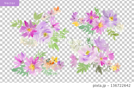 水彩で描いた抽象的な紫の草花のベクターブーケイラストセット 水彩で描いた抽象的な紫の草花のベクターブーケイラストセット 136722642