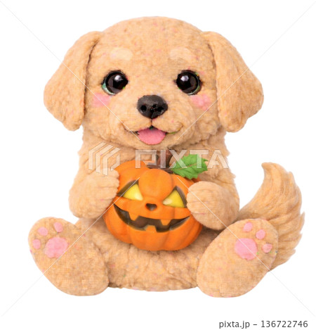 【ハロウィン】フェルト風のジャック・オー・ランタンを持ったゴールデンレトリバーのイラスト 136722746