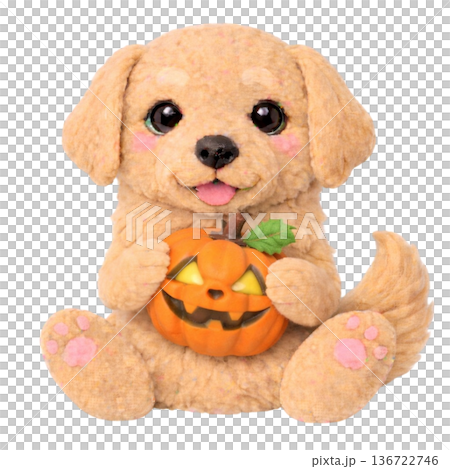 [Halloween] Illustration of a golden retriever holding a felt-style jack-o'-lantern 136722746