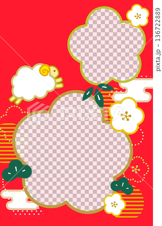 Japanese-style photo frame with plum blossoms, pine and bamboo for 2027 New Year's cards. No text, vertical, for two photos on a red background. Japanese-style photo frame with plum blossoms, pine and bamboo for 2027 New Year's cards. No text, vertical, for two photos on a red background. 136722889