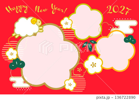 2027年未年年賀状の、梅の花と松竹の和風写真フレーム。赤い背景の文章なし横型3枚用 136722890