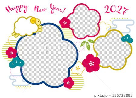Japanese-style photo frame with plum blossoms and pine and bamboo for 2027 Year of the Sheep New Year's cards. For three horizontal photos, no text, on a white background. 136722893