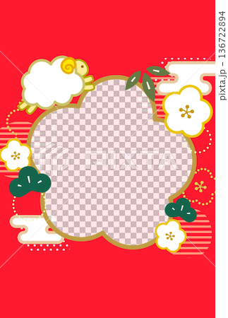 2027年未年年賀状の、梅の花と松竹の和風写真フレーム。赤い背景の文字なし縦型1枚用 136722894