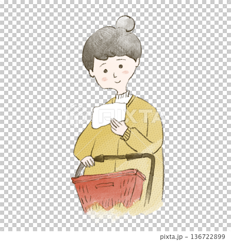Woman holding a tray while pulling a shopping cart at the supermarket Woman holding a tray while pulling a shopping cart at the supermarket 136722899