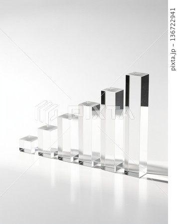 マットなパステルカラーの台に、透明アクリルバーを高さ順に配置した金融成長コンセプト。 マットなパステルカラーの台に、透明アクリルバーを高さ順に配置した金融成長コンセプト。 136722941